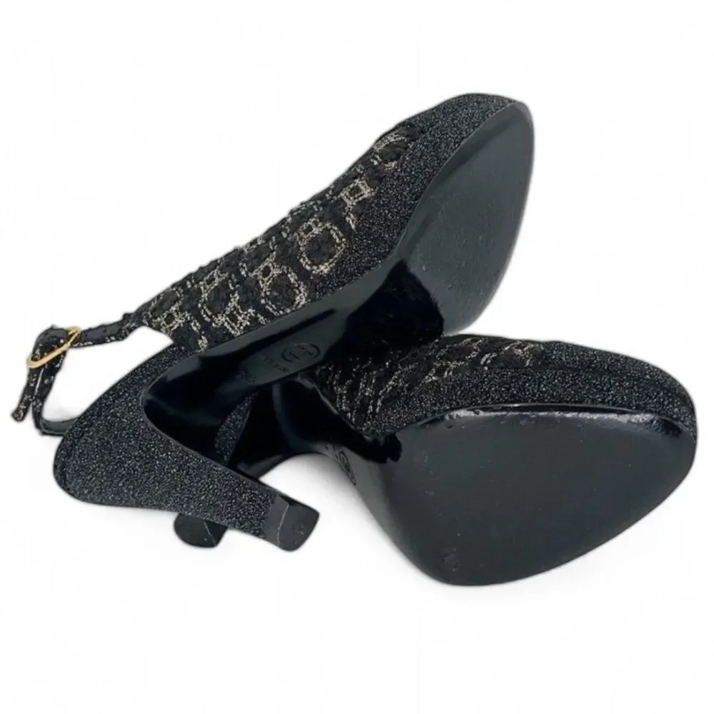 Authentic CHANEL Black CC Logo Cap Toe Block Heel Slingback Sandals Size…